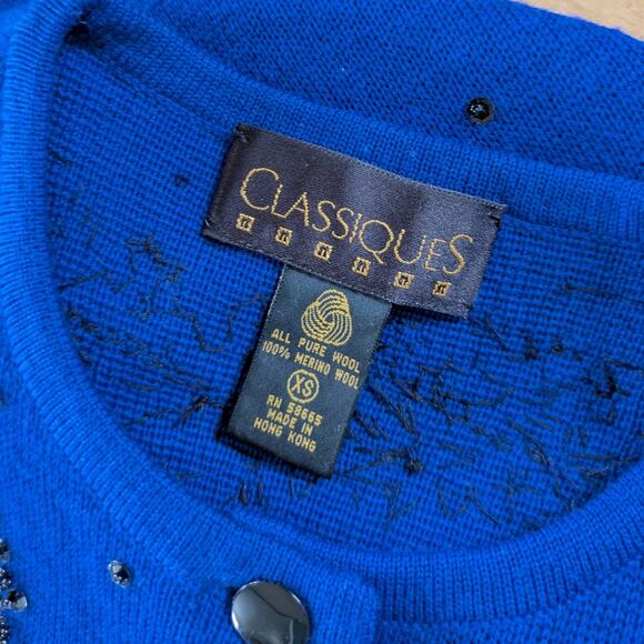 Vintage Classiques Cardigan Sweater Womens XS Blue Wool Beaded Cottage 80s - Picture 6 of 8